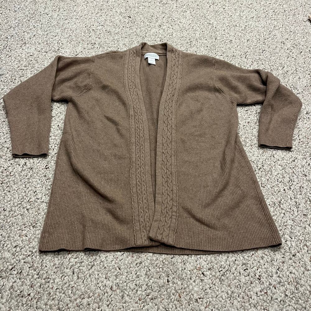 Lands End Cashmere Cotton Knit Cardigan Sweater M Tan Preppy Classic Casual